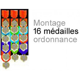 Montage de 16 médailles ordonnance cousu sur drap noir
