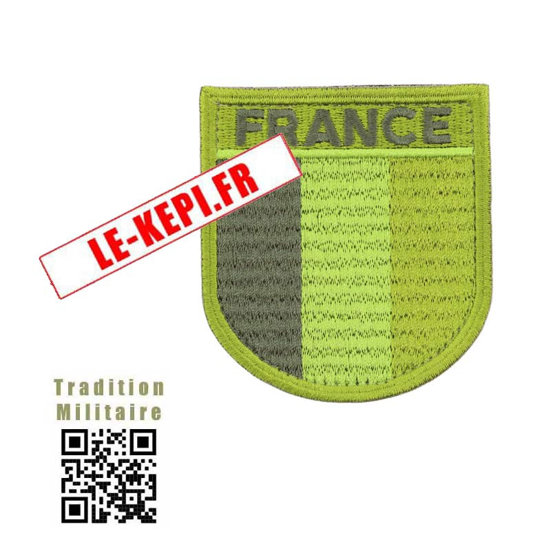 ECUSSON TRICOLORE MILITAIRE BASSE VERT VISIBILITE SUR VELCRO BRODE FRANCE